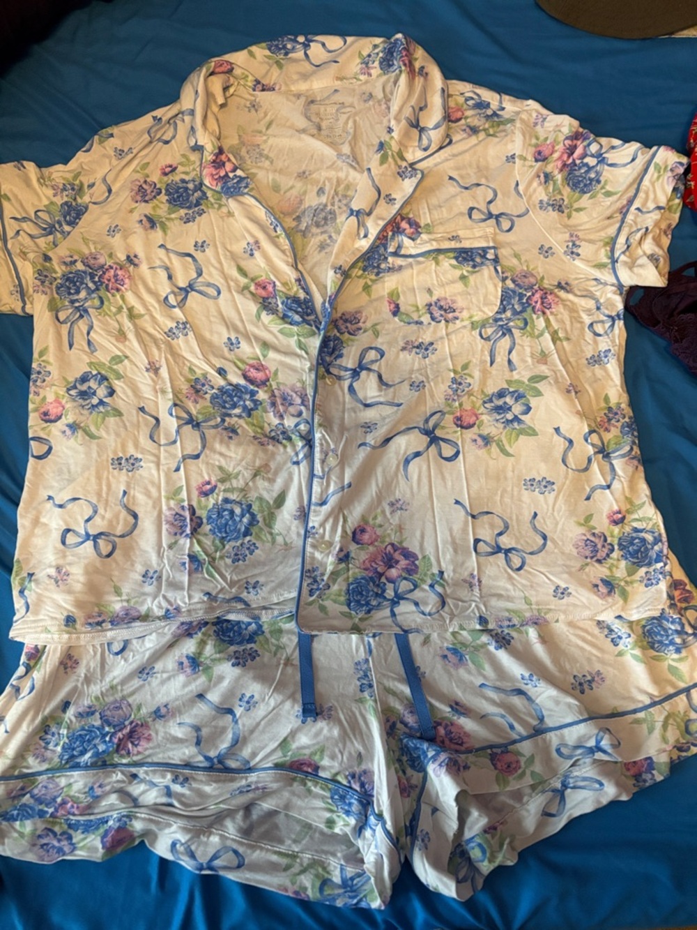 Floral Ribbon-Print Short Pajama Set - Blue/White